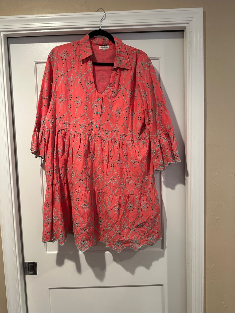 Coral Eyelet Mini Dress with Scalloped Hem